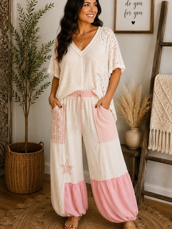 POL Pants - POL Cream & Pink Patchwork Wide-Leg Pants
